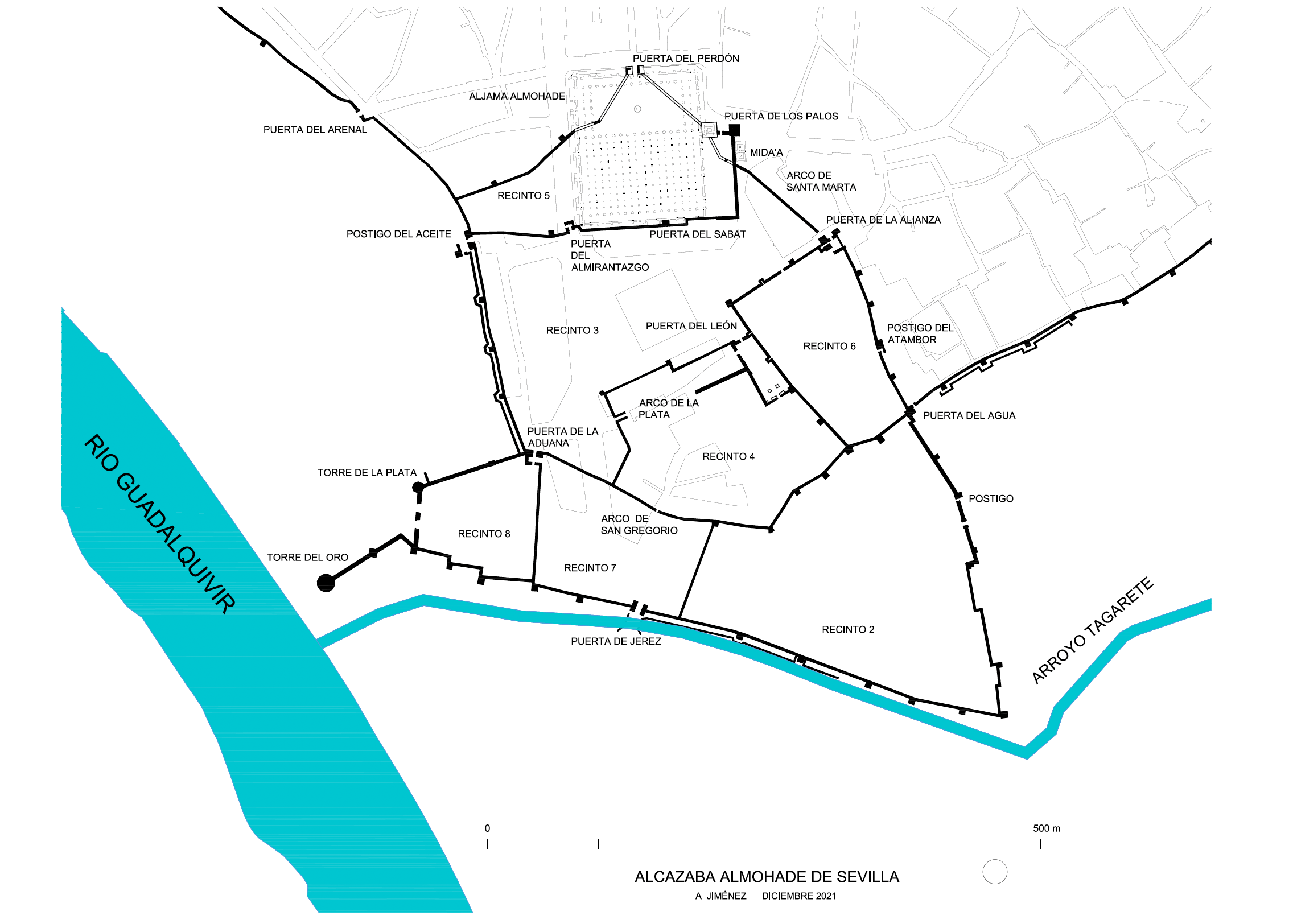 Plano de lo recintos amurallados de la Alcazaba almohade de Sevilla.
